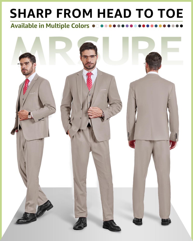 MrSure Men's 3 Piece Suit Blazer, Slim Fit Tux with 2 Button, Jacket Vest Pants & Tie Set for Party, Wedding and Business Beige - Image 2